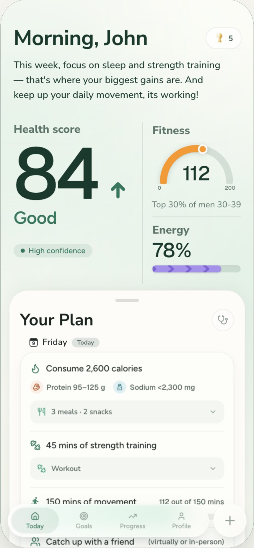 Everva app home screen showing a Health Score of 84 and today's plan